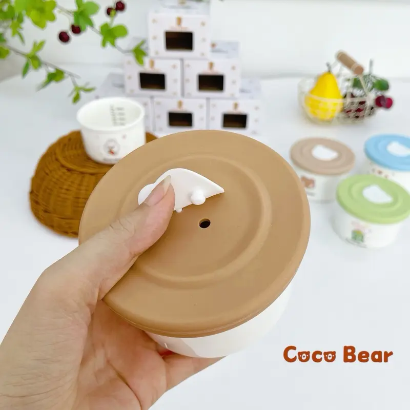 ( MỚI)  Hũ sứ chia vạch nắp silicone thoát hơi Coco Bear trữ cháo đồ ăn dặm cho bé Kem chen  dam cốc  nấu 4