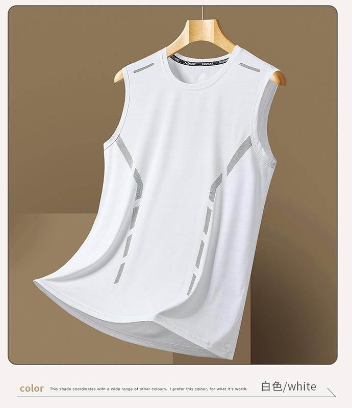 Product Introduction of Summer Ice Silk Sleeveless T-Shirt Men'S Vest Outer Wear Waistcoat Bottoming Loose Quick-Drying Running Sports Tops Men, Ice Silk Fabric, Plus Size, Up To 5xl 7
