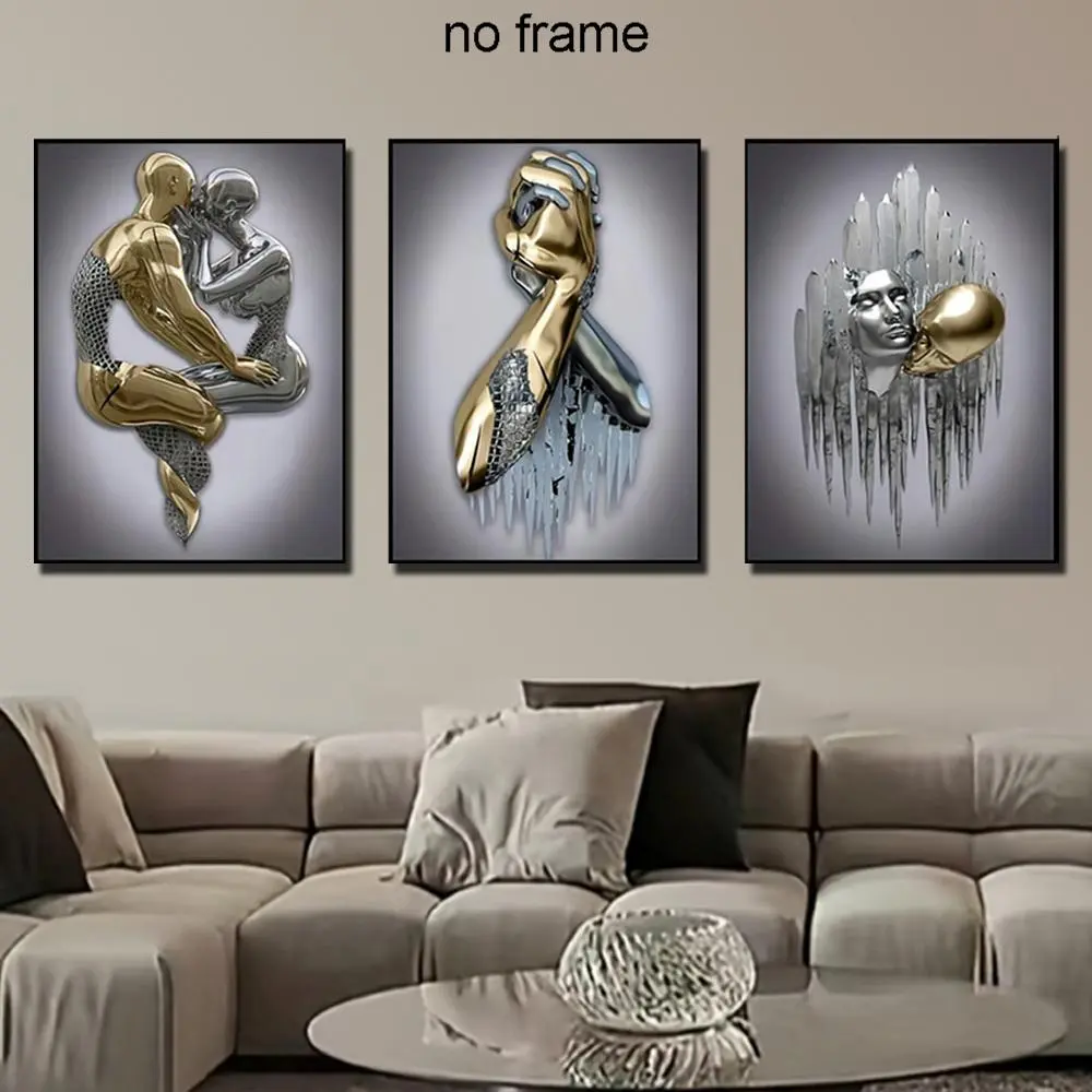3D Metal Sculpture Statue Couple Pattern Canvas Wall Art without Frame, 3 Counts Modern Simple Wall Art Painting, Wall Art Decor for Home Living Room Bedroom