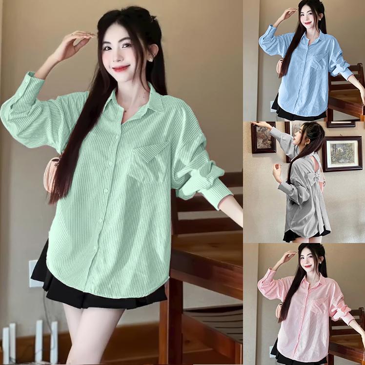Áo Sơ Mi Nữ Bigsize Sọc Tay Dài Kiểu Lưng Thắt Nơ Sau Form Rộng Dễ Thương Cao Cấp Mịn Cho Nàng 50-95kg