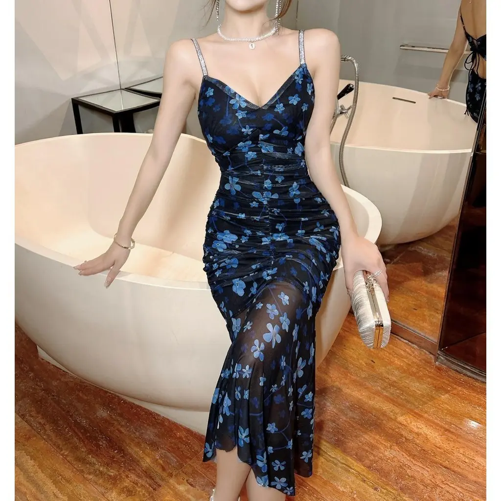 25048 enchanted navy blue glitter fitted off shoulder silt midi dress  cocktail gown dres for woman elegant - TikTok Shop Philippines