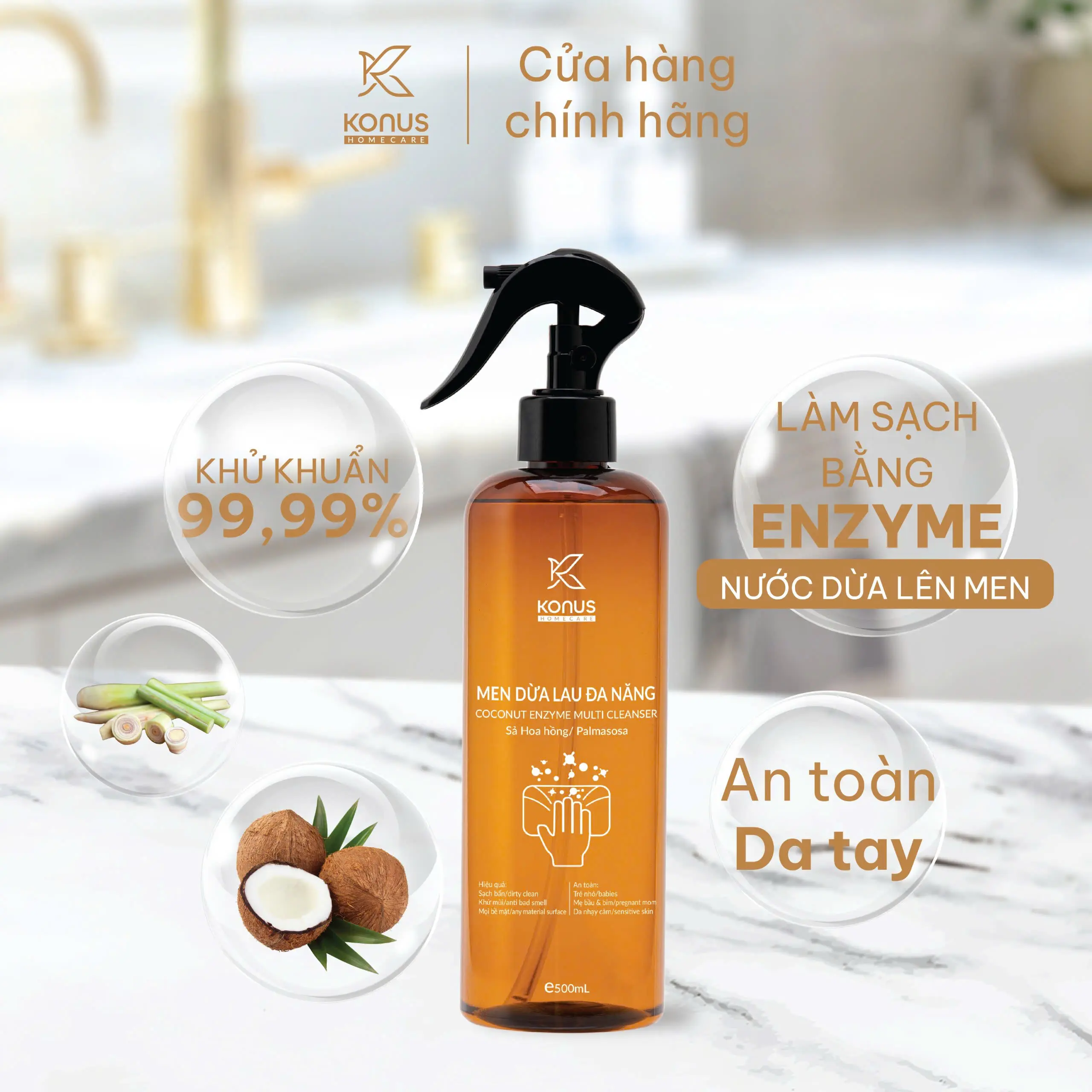 Nước Lau Đa Năng Thiên Nhiên Konus Homecare Nước Dừa Lên Men Sạch Mọi Bề Mặt, An Toàn Da Tay 500ml