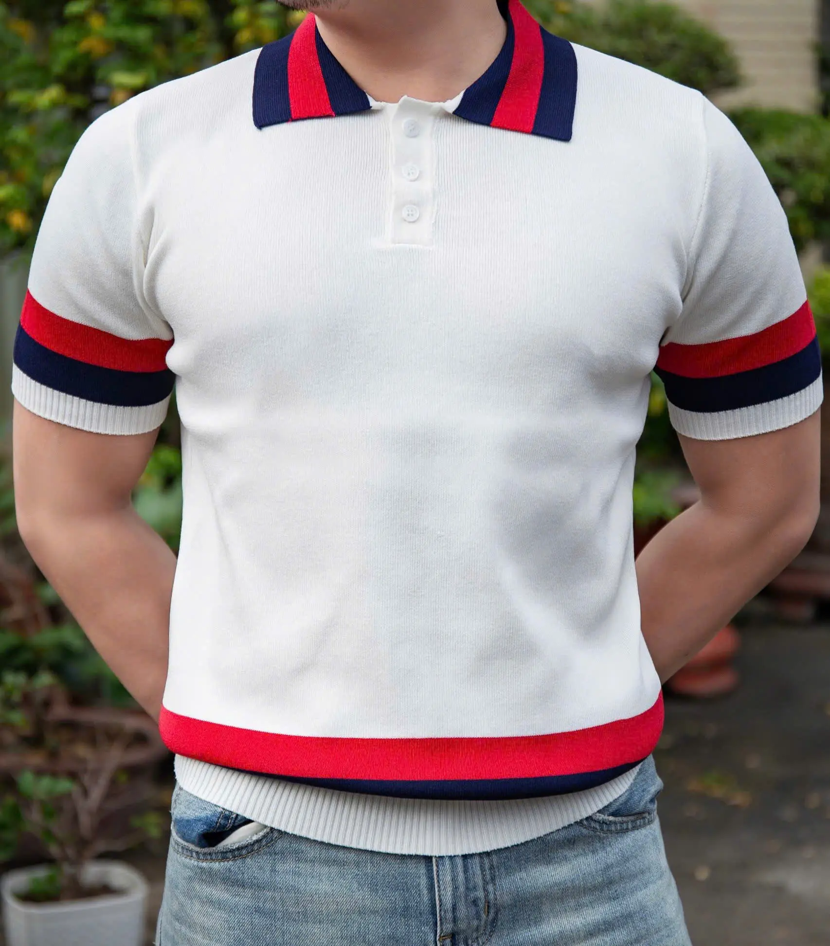 Mã 23 { Áo Dệt Kim } Áo Dệt Kim Cao Cấp phối kẻ sọc đỏ - nam - menswear ( Tặng Vớ )