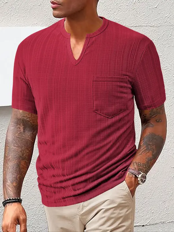 Men's Regular Fit Solid Notched Neck Tee, Casual Comfy Short Sleeve T-shirt for Summer, Fashion Men's Top for Daily Wear 4
