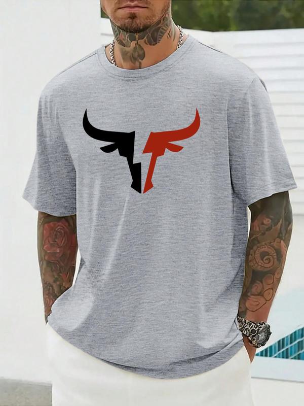 Men's Regular Fit Bull Print Round Neck Tee, Football Jerseys, Casual Short Sleeve Crew Neck T-shirt for Summer Daily Wear, Graphic Tees, Men's Summer Clothes Top for All Seasons, Football Shirts,  Streetwear 8