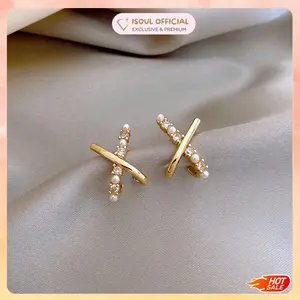 COD iSoul Anting Titanium Model X Twisted Mutiara Wanita Korea Anti Karat Tusuk Perhiasan warna Emas