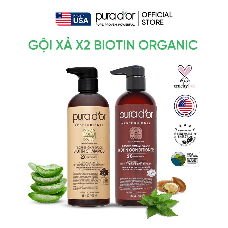 Bộ dầu gội và dầu xả hữu cơ phục hồi hư tổn, giảm gãy rụng chuyên sâu Biotin 2x Professional Grade Biotin Pura D'or 473ml Dưỡng Tóc Chăm Sóc Tóc - Mega Livestream