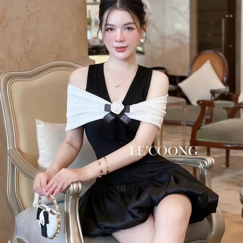 Váy Tiểu Thư Dáng Ngắn Trễ Vai Đính Nơ LECOONG V672  Đầm Đẹp Sang Chảnh 5