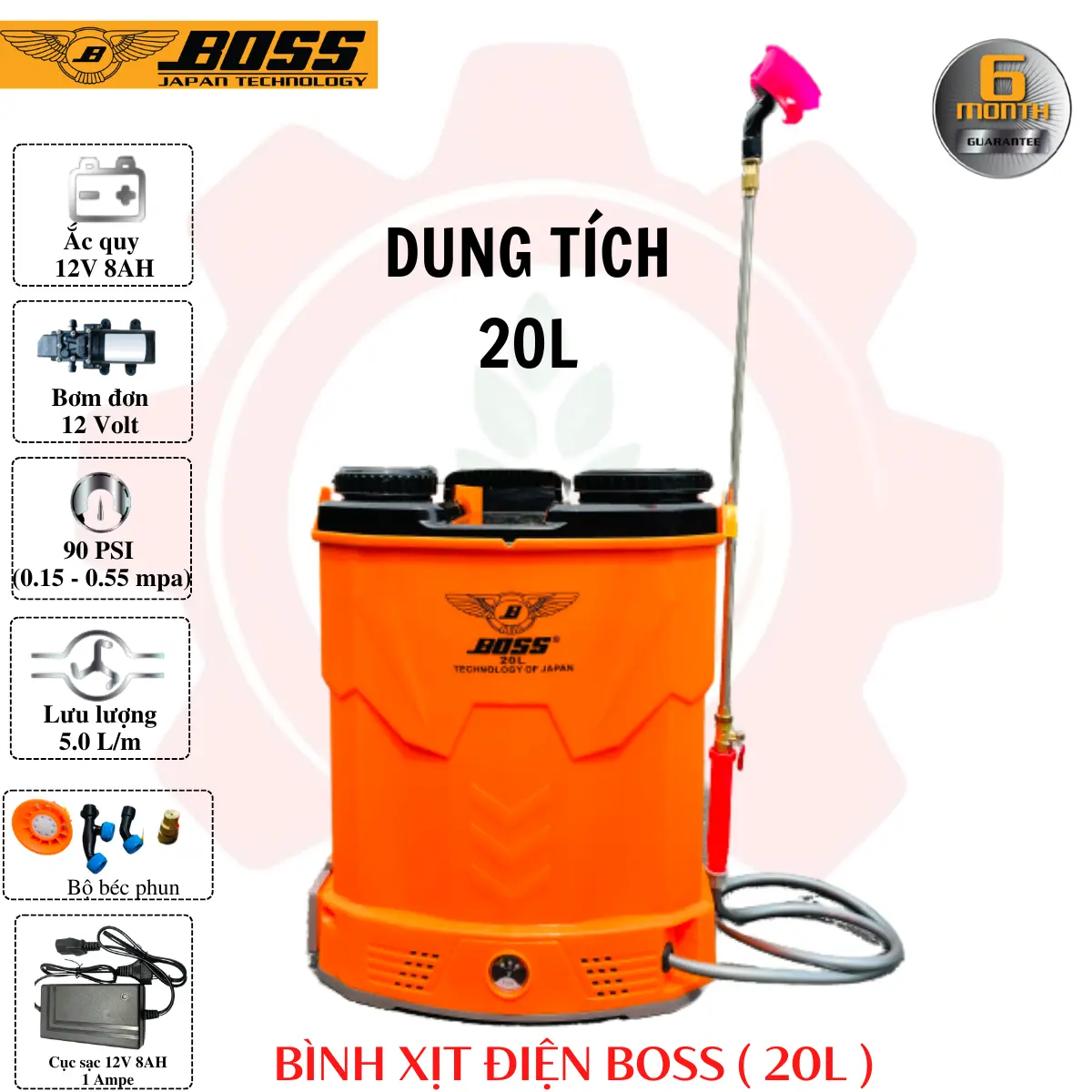 Bình phun thuốc BOSS 20L, 1 bơm áp phun mạnh tưới tiêu tưới nước siêu mạnh vỏ bình dày dặn siêu bền | Bình xịt thuốc điện 20 lít
