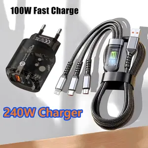 Pengisi Daya Cepat USB Type-C Dual Port 240W untuk Ponsel Kabel Charger 3 in 1 100W Fast Charging Multi USB dengan Desain Transparan dan Anti-lilit