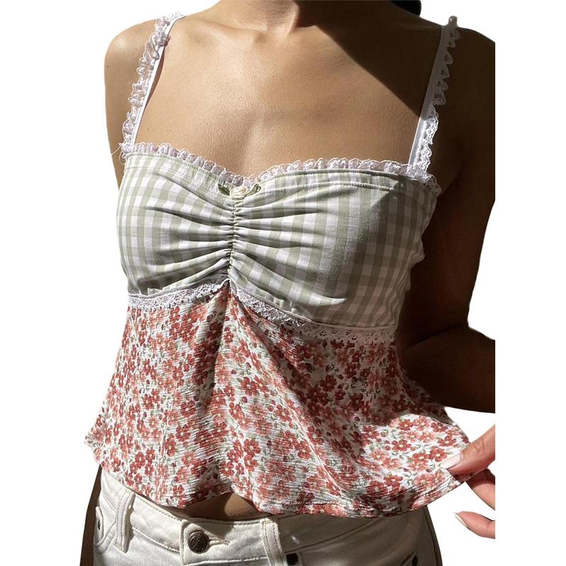 coat, Women Plaid Floral Print Camisoles Lace Trim Sleeveless Sling Tank Tops Summer Slim Fit Vests Crop Tops Streetwear 8