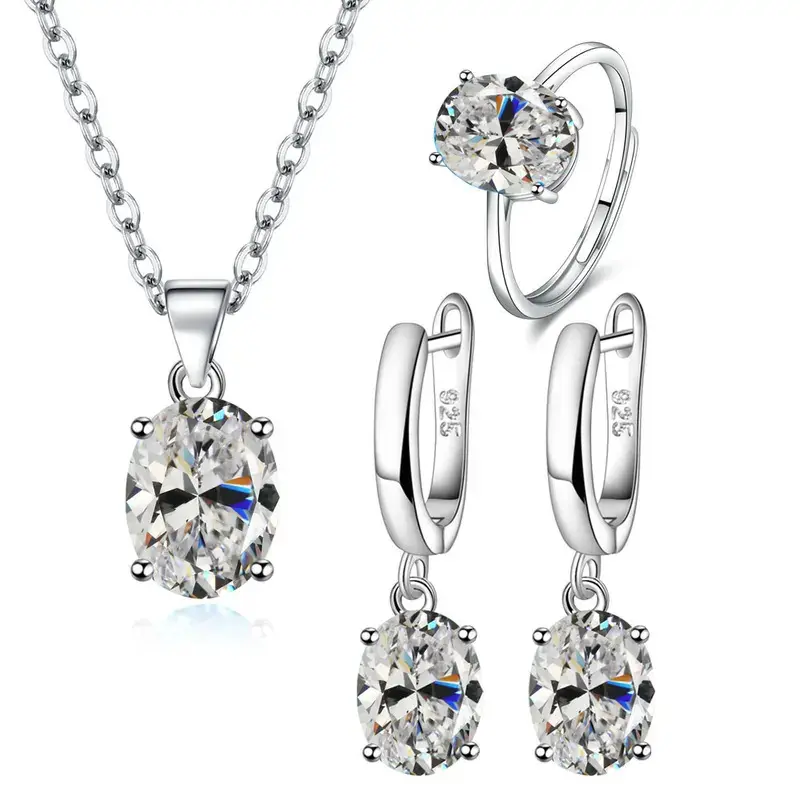925 Sterling Silver Elegant Women's Jewelry Sets Ellipse Zircon Ring Necklace Earrings Accessories Jewellery Argent 925