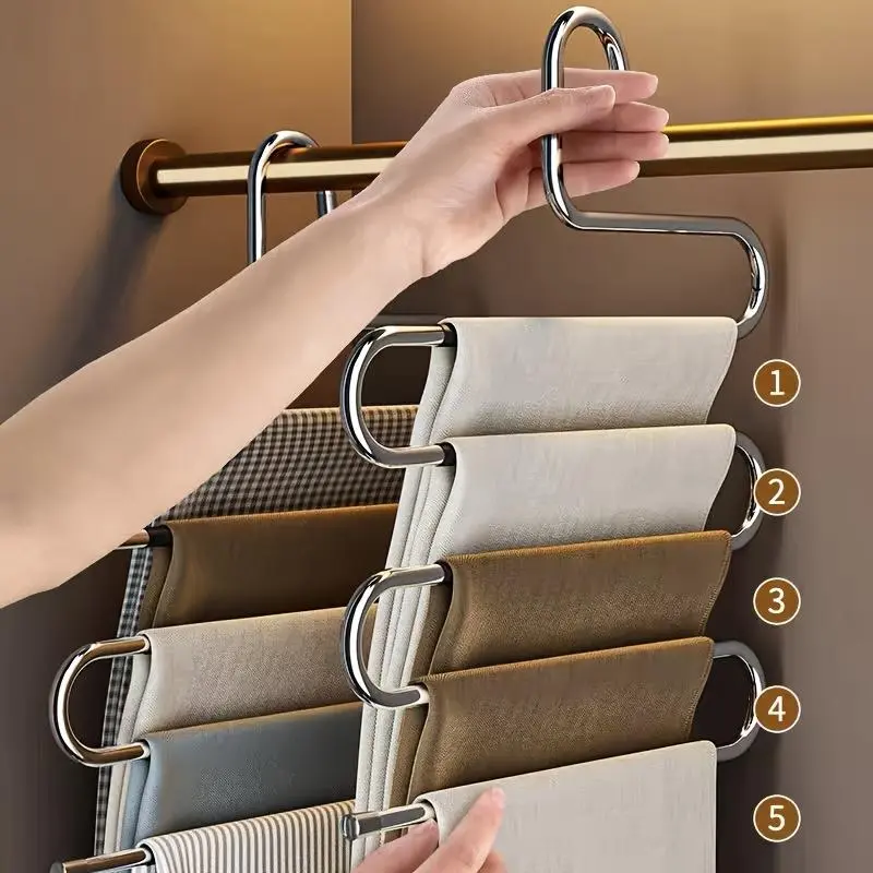 Stainless Steel Pants Rack, 2 Counts Space Saving 5 Layer Non-slip Pants Hanger, Multifunctional Clothes Storage Rack for Closet Bedroom Bathroom, Organiser