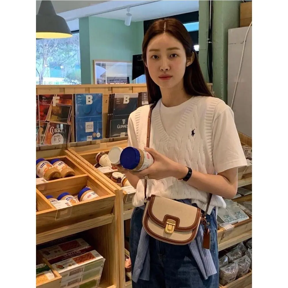 Korean Kpop Star New Brand Fashion women's canvas stitching saddle bag crossbody small square bag advanced niche bag