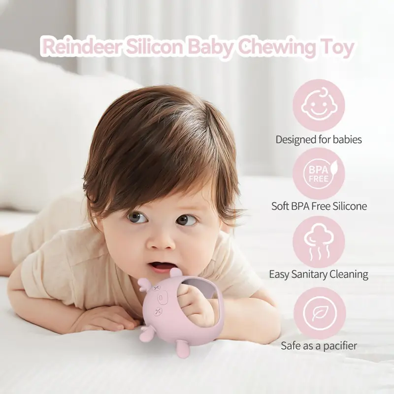 Cute Deer Design Teething Toy, 1pc Soft Silicone Teether for Babies, Easy To Hold Shape & Soft Material Teething Relief Toy 8