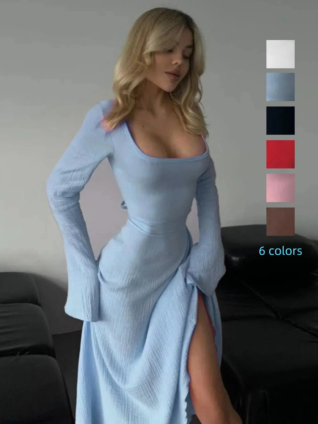 Women's Plain Lace Up Flounce Sleeve Dress, Elegant Square Neck Long Sleeve A Line Dress for Spring & Fall, Women's Clothing for Daily Wear, Womenswear