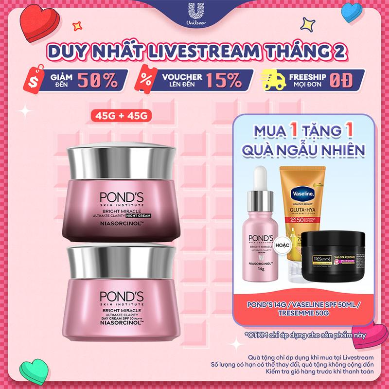 Bộ Skincare 2 Kem Dưỡng Da Pond's Bright Miracle Đa Tầng Ngày & Đêm Với 50X Niasorcinol Hỗ Trợ Chăm Sóc Da, Ngăn Vấn Đề Thâm Sạm 45Gx2 Nữ [1]