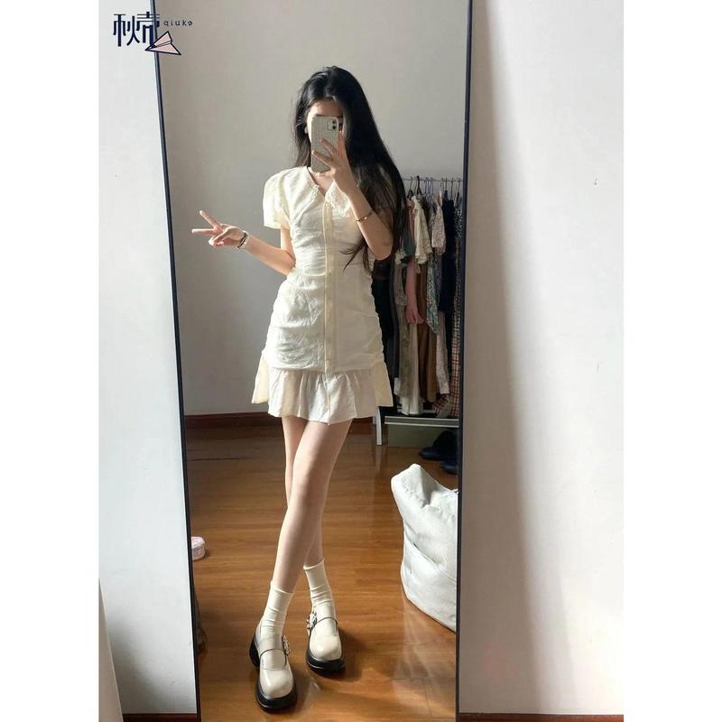 Váy Vỏ Sò Đơn Giản Kiểu Pháp Cho Nữ, Váy Thiết Kế Xù Linh Hoạt Và Giảm Béo, Phong Cách Hàn Quốc Mới, Mùa Thu Women, Dress, Khuy 6