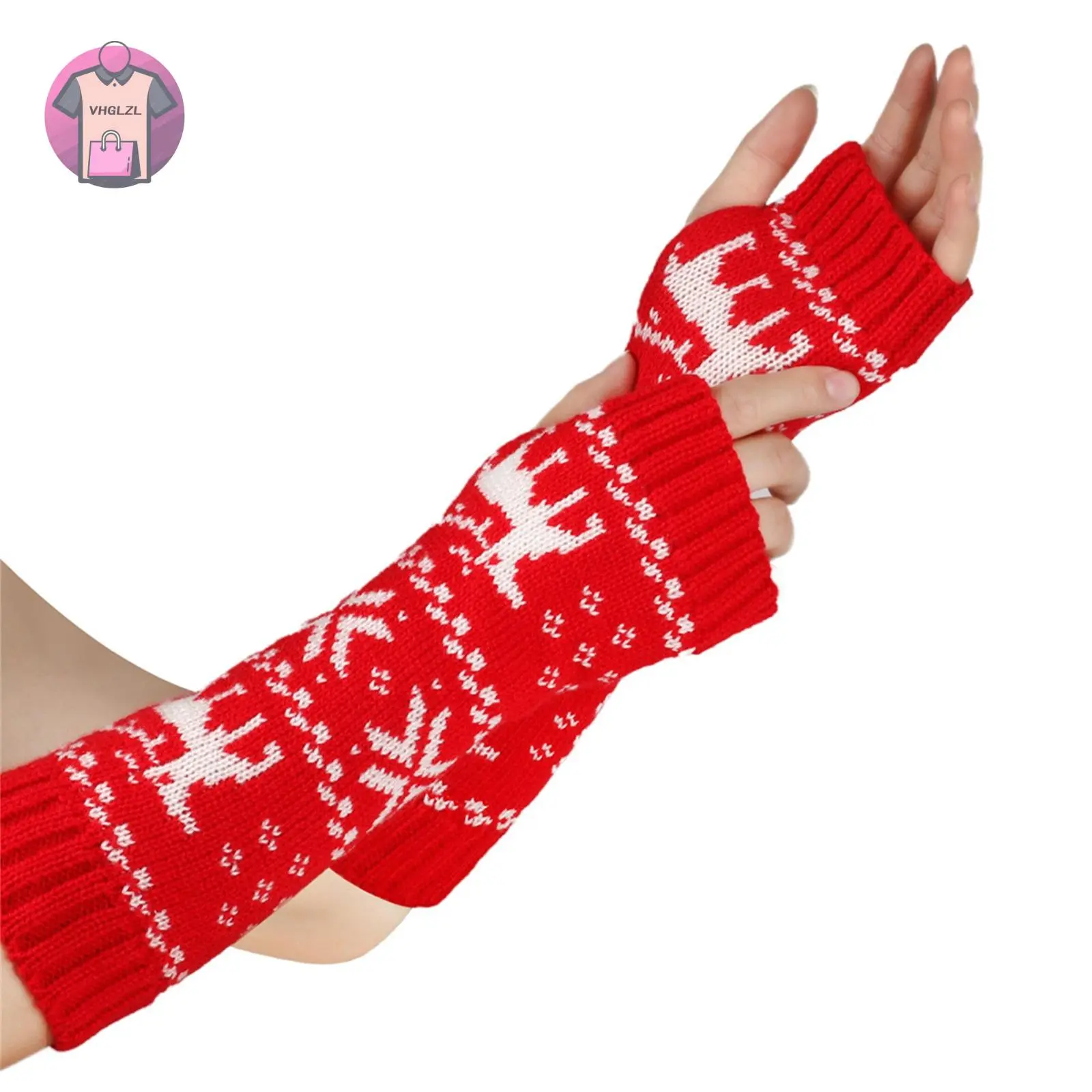 Women's Ribbed Knit Fingerless Gloves Reindeer Warm Arm Warmers for Winter Accessories