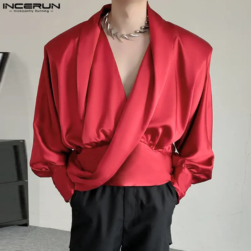 Áo Sơ Mi Nam, Thiết Kế Thời Trang Và Vừa Vặn, Có Đệm Vai, Màu Trơn Cổ Chữ V, Dài Tay, Thích Hợp Cho Trang Phục Đi Club, INCERUN, Phong Cách Hàn Quốc