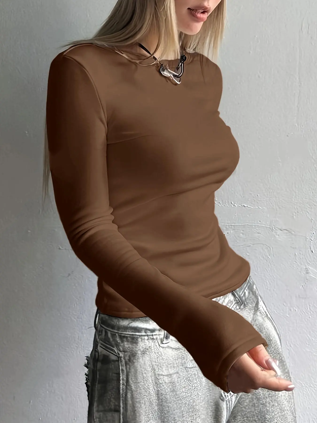 Women's Solid Thermal Lined Top, Casual Long Sleeve Round Neck Top for Fall & Winter, Women's Thermal Underwear for Daily Wear