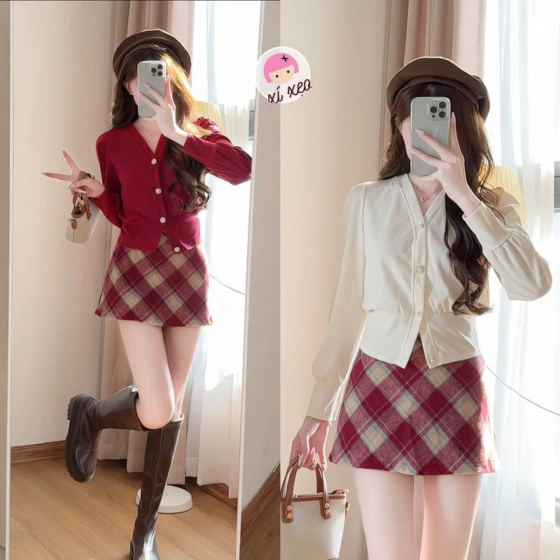 Set áo tăm len kèm chân váy dạ kẻ caro đỏ chữ A xixeoshop - S130 Nữ Women Top Kem