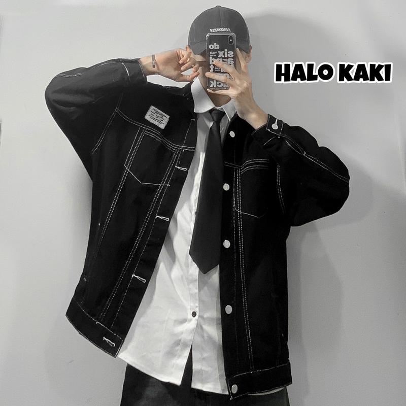 ÁO KHOÁC JEANS TRƠN PHONG CÁCH DOUYING   UNISEX NAM NỮ -  HALO KAKI - < ẢNH THẬT SHOP TỰ CHỤP > Menswear Tay Dài Dài Tay Có Túi Có Cổ