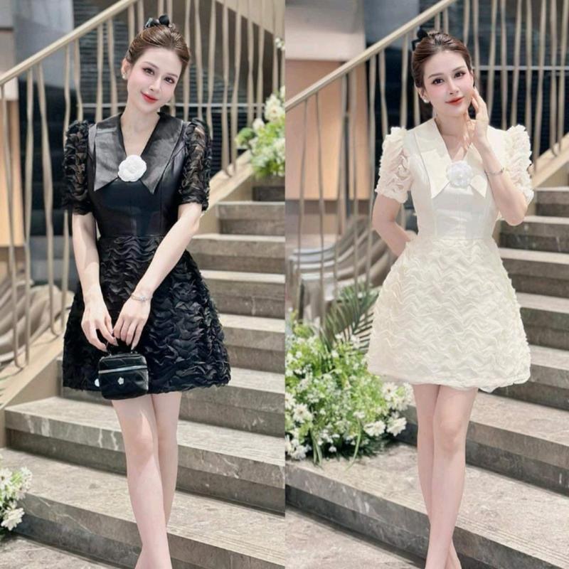 Đầm ren cổ V kèm hoa cài áo 2