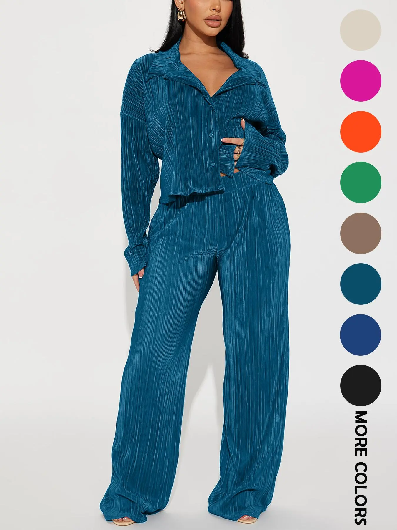 Women's Solid Pleated Button Front Shirt & Wide Leg Pants Set, Casual Drop Shoulder Long Sleeve Button Up Top & Elastic Waist Trousers for Daily Wear, Ladies Spring & Fall Clothes Set