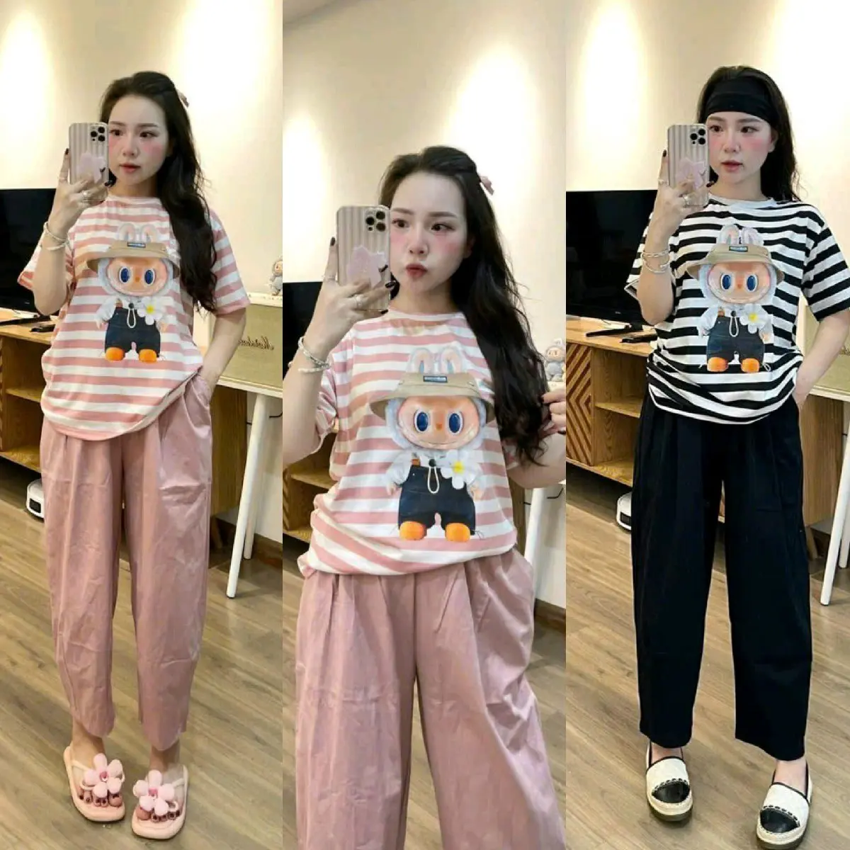 Bigsize 60-90kg Set bộ áo thun tăm kẻ sọc form rộng tay lỡ in labubu phối quần suông lụa chéo cho nữ, Bộ đồ áo thun tăm in hình cổ tròn + quần lụa suông dài lưng thun- Nhyy Shop ống