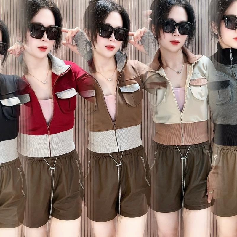 Áo Khoác Nữ Cổ Trụ Dáng Croptop Ôm Gọn - Vải Thun PC GEN  Dày Dặn Mịn Mát  - 2 Túi Trong Women Jacket Nhung 6