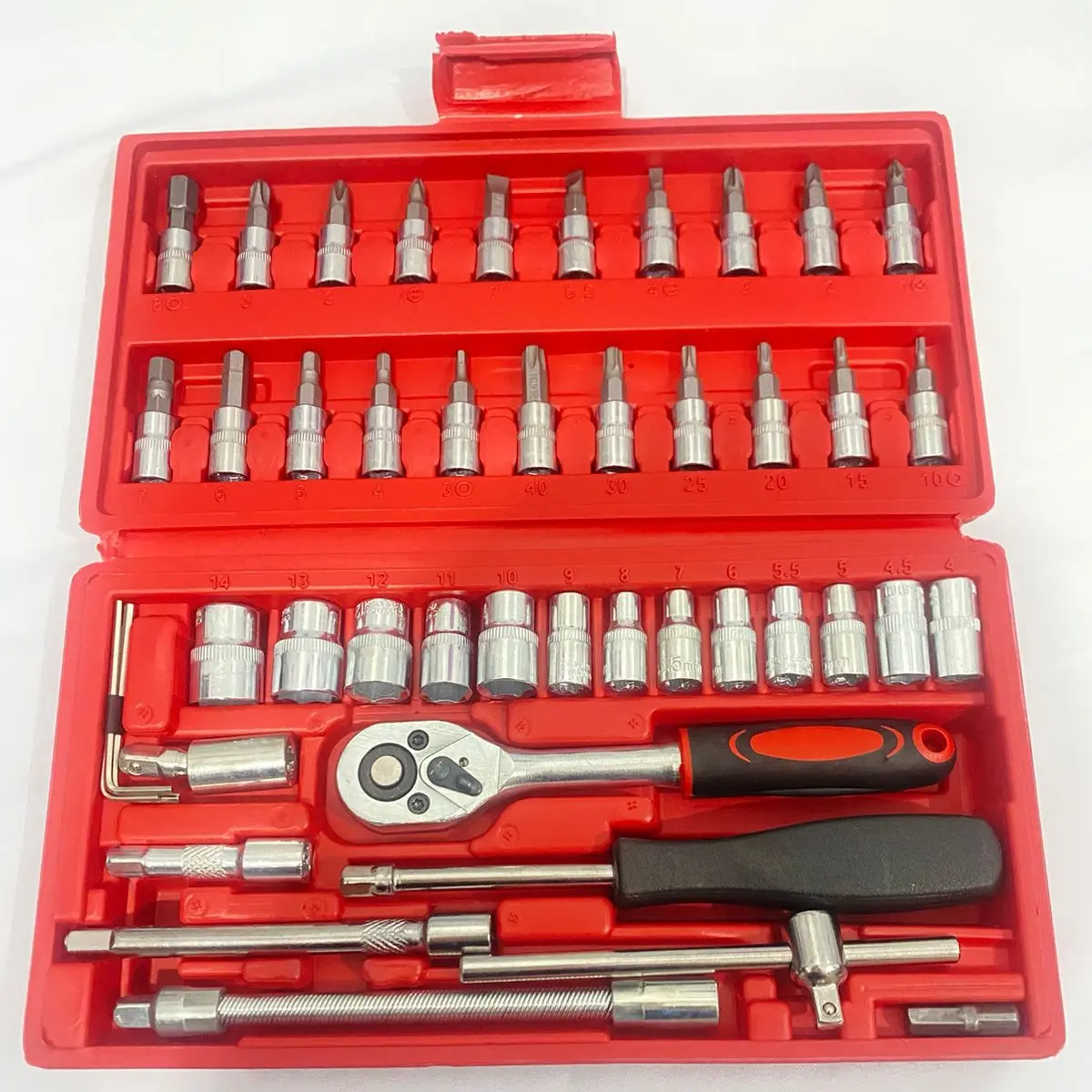 ( BISA COD ) SHENAR - REAL PICT ALAT SOCKETTOOLS 46 PCS / Kunci Socket 46 Pcs 1/4" + Obeng shock Tool Kit Set Pas Ring L Motor Kunci/kunci l set tekiro lengkap/kunci ring pas 1 set lengkap