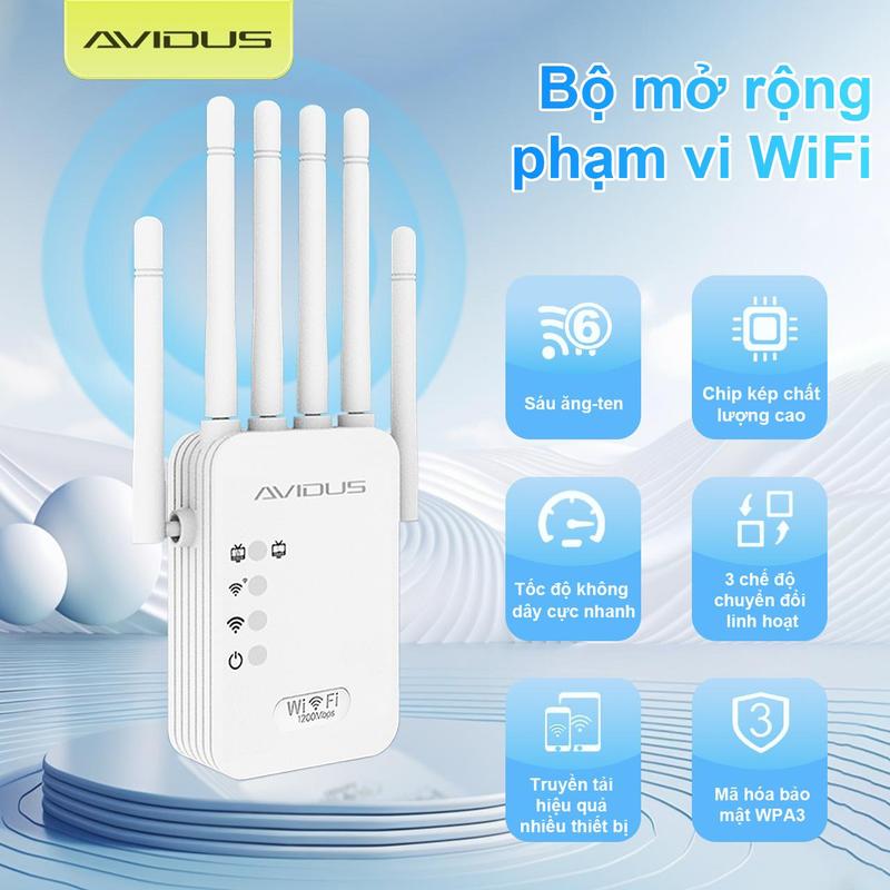 [AVIDUS] Bộ Mở Rộng Sóng WIFI 6 Râu Tốc Độ 1200Mbps Phù Hợp Với Gia Đình Và Văn Phòng Kho Xưởng Kết Nối Không Dây Đơn Giản - Phát Xuyên Tường - Có Hỗ Trợ 2 Cổng LAN dây  cáp