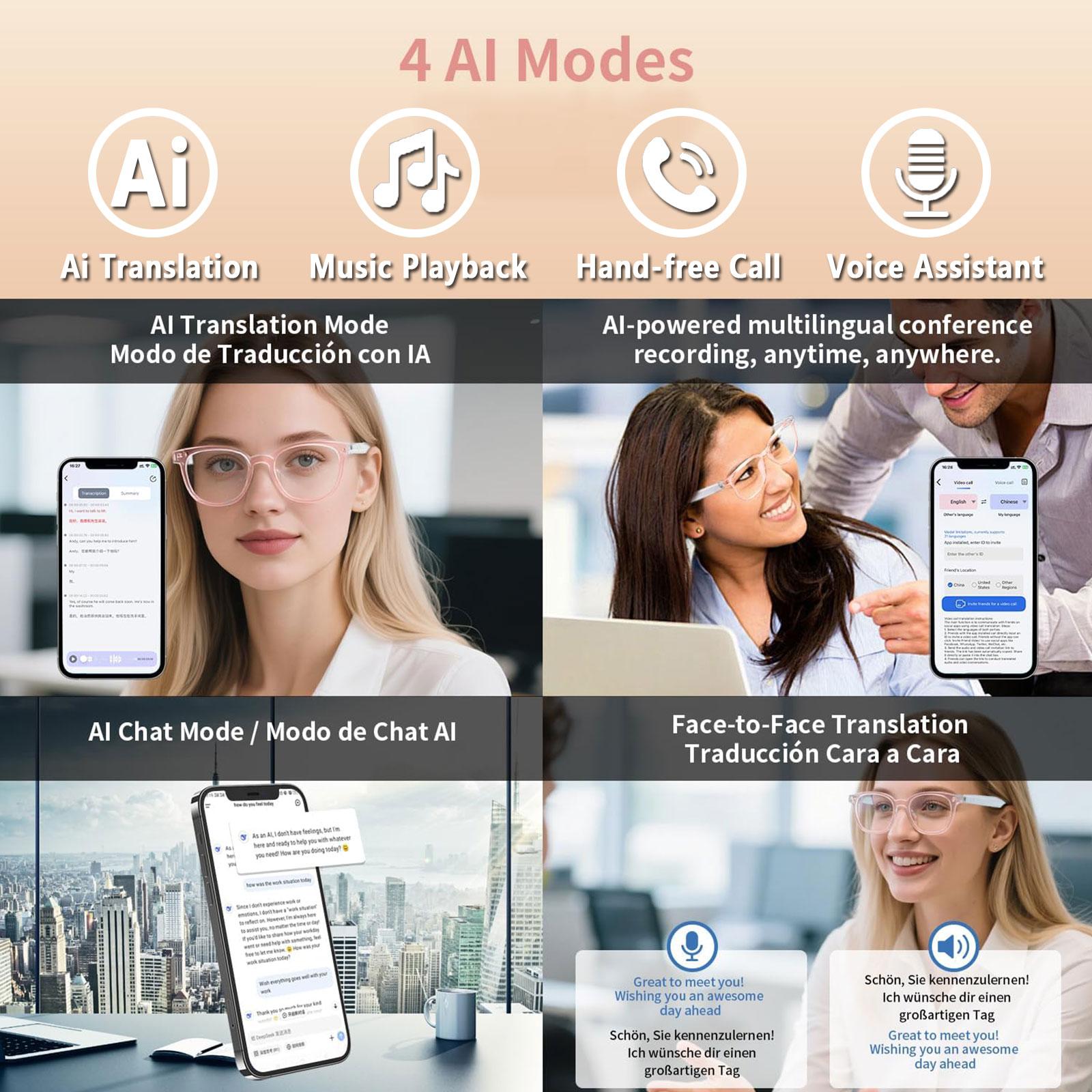 Smart AI translation audio glasses, real-time app translation in over 160 languages, light-sensitive color-changing lenses - Image 3