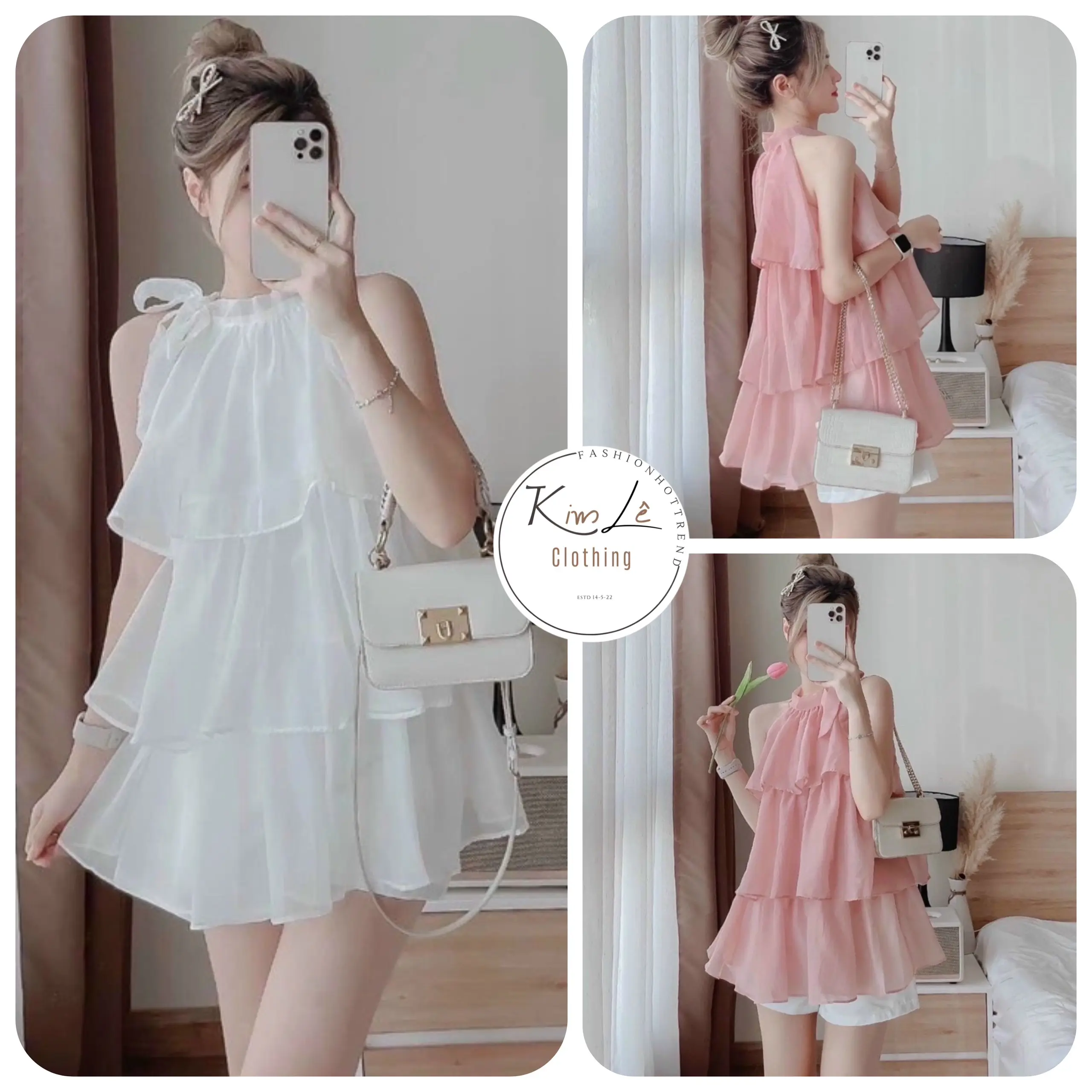 Set Áo Voan 3 Tầng Cổ Yếm Cột Nơ 1 Bên phối Quần Short Trắng Siêu Xinh 2 MÀU Y HÌNH. Chất liệu : Áo Xốp Gân & Quần Cotton  Nữ Women