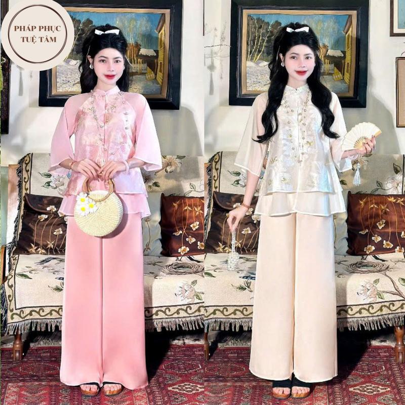 Set đồ đi chơi lễ chùa lụa gấm Tafta Hồng sang trọng điệu đà - Pháp Phục Tuệ Tâm Top Áo Nữ Women