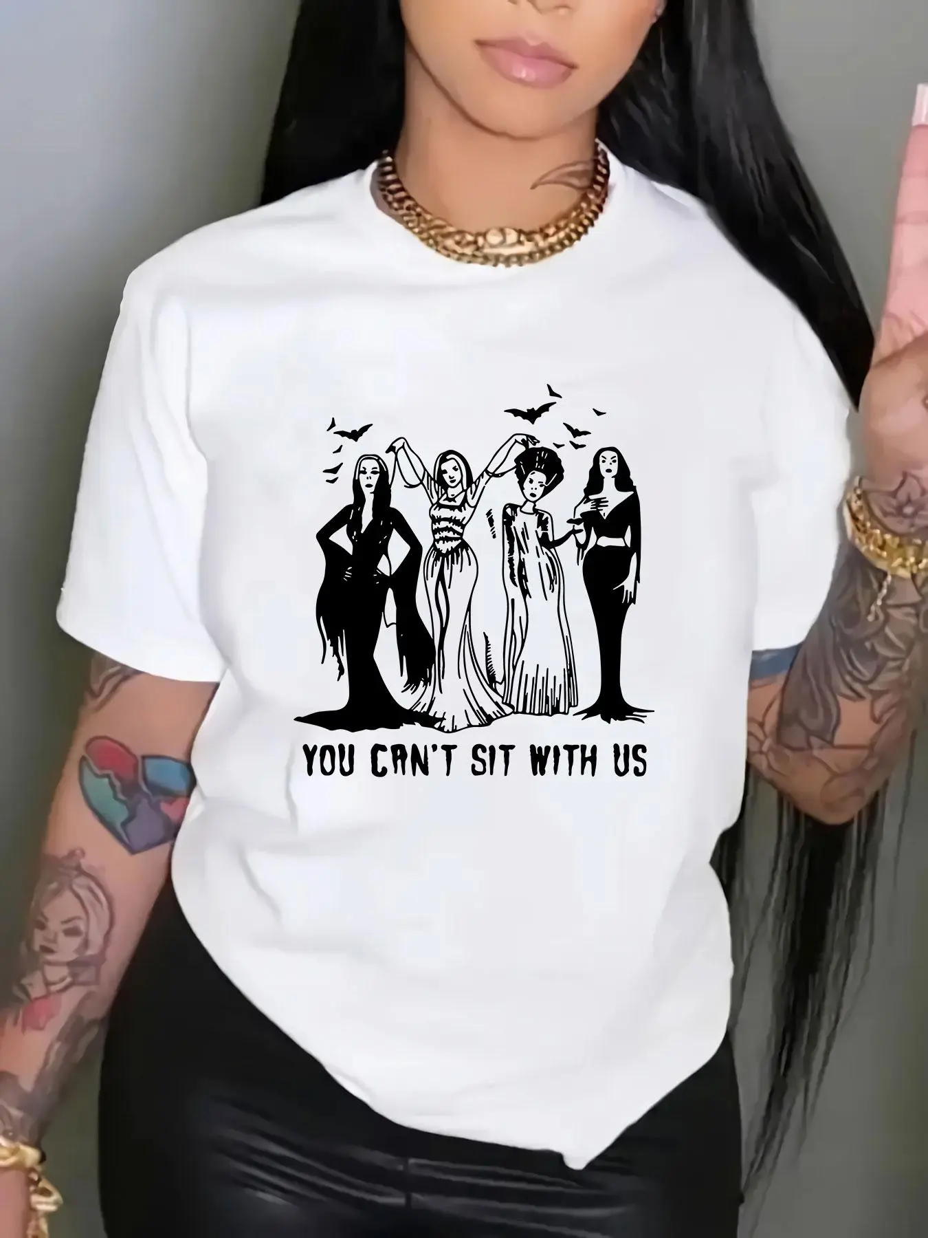 Women's Figure & Letter Print Round Neck Tee, Vintage Trendy Casual Short Sleeve T-shirt for Daily Wear, Ladies All Seasons Outfit