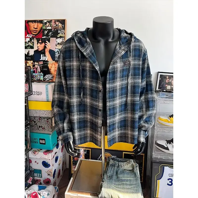 Blue Gray Plaid Hooded Plaid Shirt Korean Vintage Long Sleeve Top Men's Loose Shirt
