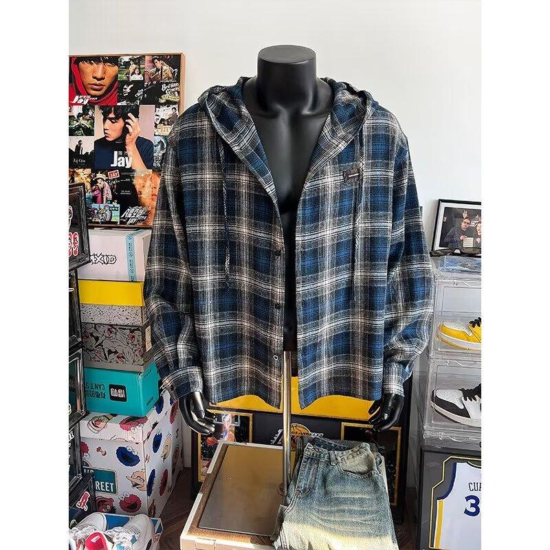Blue Gray Plaid Hooded Plaid Shirt Korean Vintage Long Sleeve Top Men's Loose Shirt 1