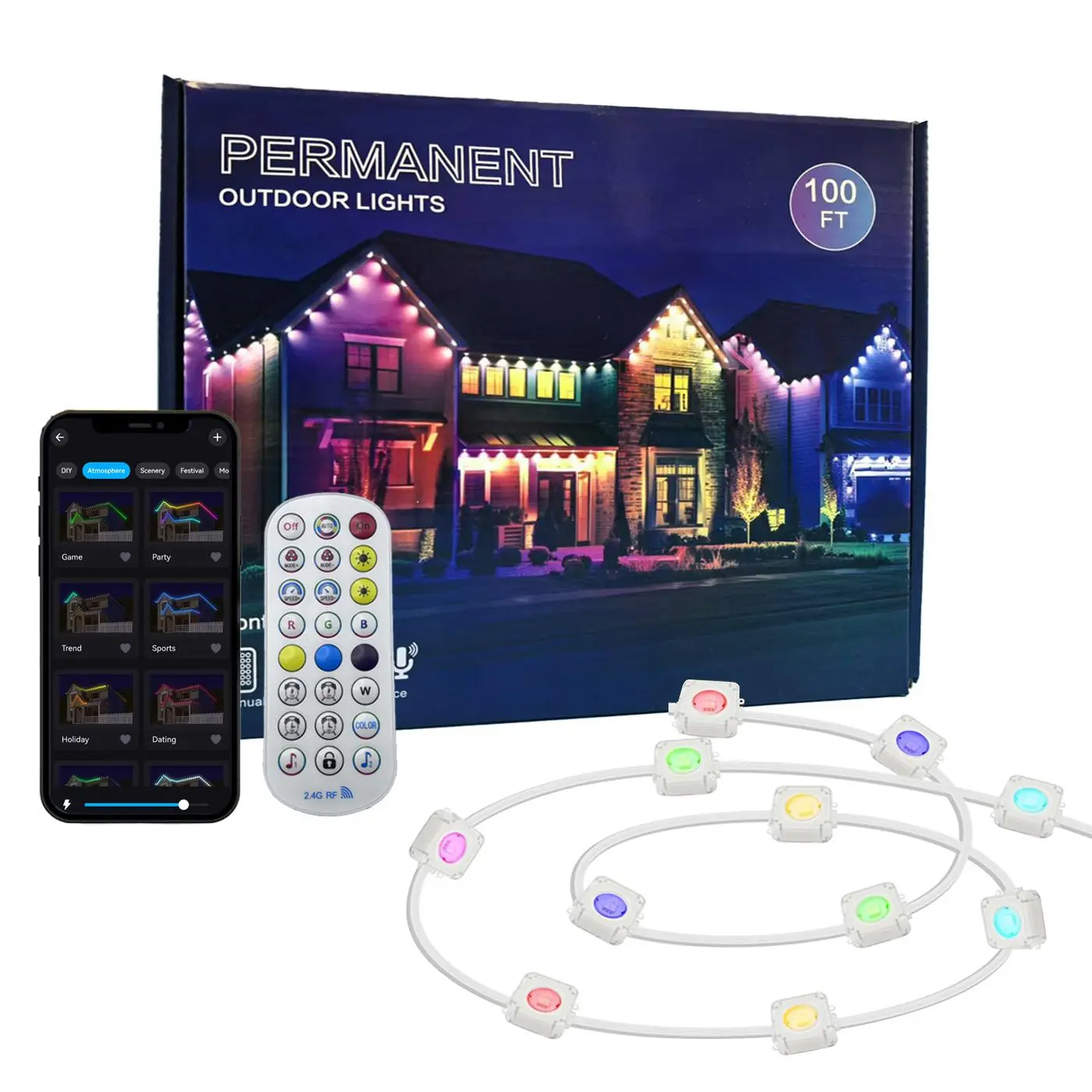 100FT Permanent DIY Decorative Outdoor Light (1 Count), APP/Voice/Remote Control RGBIC Smart Eaves Light, IP67 Waterproof Light Suitable for Year-Round Outdoor Lighting on House Roofs for Christmas Gifts, Holidays Decor, Stocking Fillers