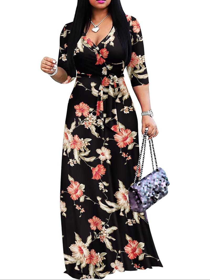 Product Introduction of Women's Floral Print Belted V Neck Dress, Elegant Dress for Party Holiday Wedding Guest, Ladies Clothes for All Seasons 4