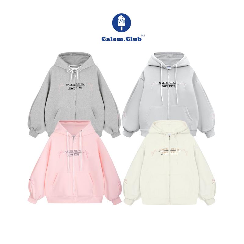 Calem Club -Áo khoác nữ Hoodie Zip thêu Nơ SWEETIE nón to form rộng unisex  nam nữ áo khoác nữ mùa đông