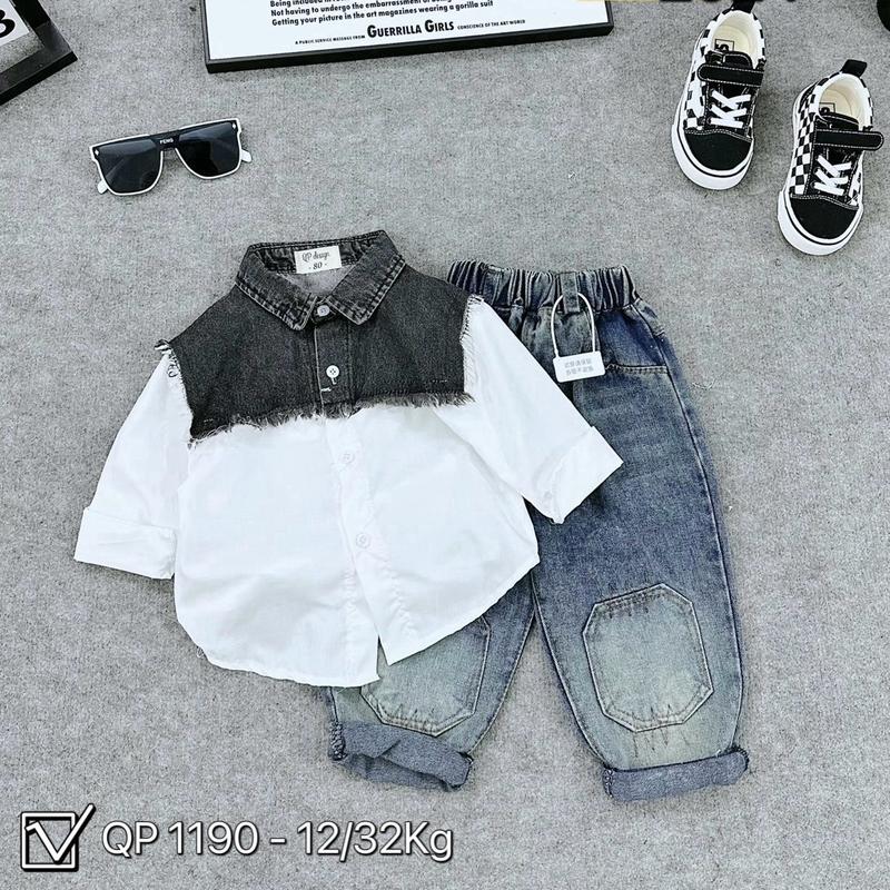 [CAMVAN KID] Bộ sơmi trắng phối jean đen quần jean dài size cho bé 10-30kg