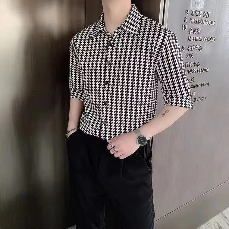 Áo Sơ Mi Kẻ Sọc Mùa Hè Cho Nam, Tay Áo Bảy Phút, Dáng Ôm Hàn Quốc, Công Sở, Ngắn Tay, Nhà Tạo Mẫu Tóc Thường Ngày, Áo Sơ Mi Nam Tay Vừa, Hợp Thời Trang