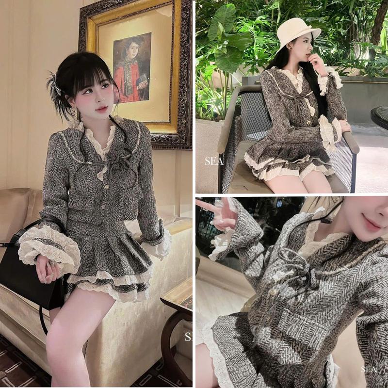 Set Đồ Nữ Dạ Sọc Chéo Viền Cổ Ren Mix Chân Váy Xếp Ly Tầng Xoè, Phong Cách Hàn Quốc Dễ Thương Cho Nữ Từ 45-58kg - By BN TRENDY