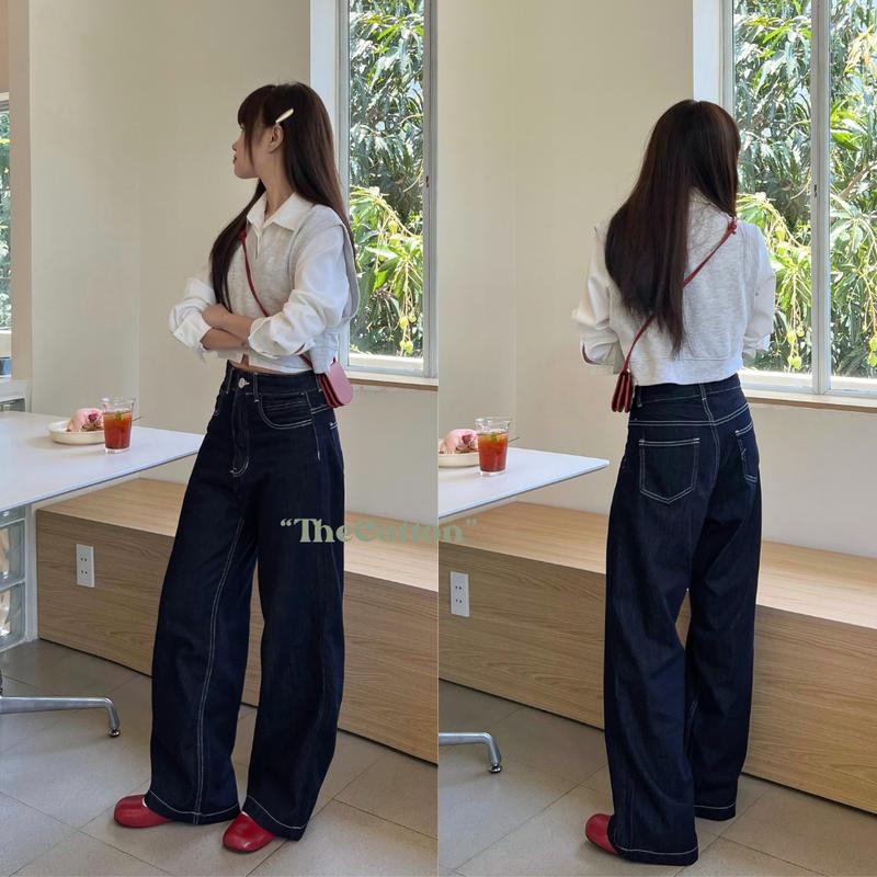 Quần Jeans Nữ Ống Suông Rộng Trơn Basic Chỉ Nổi Không Phai Mềm Mịn TheCotton Quần Bò Xanh Chì Đậm 2
