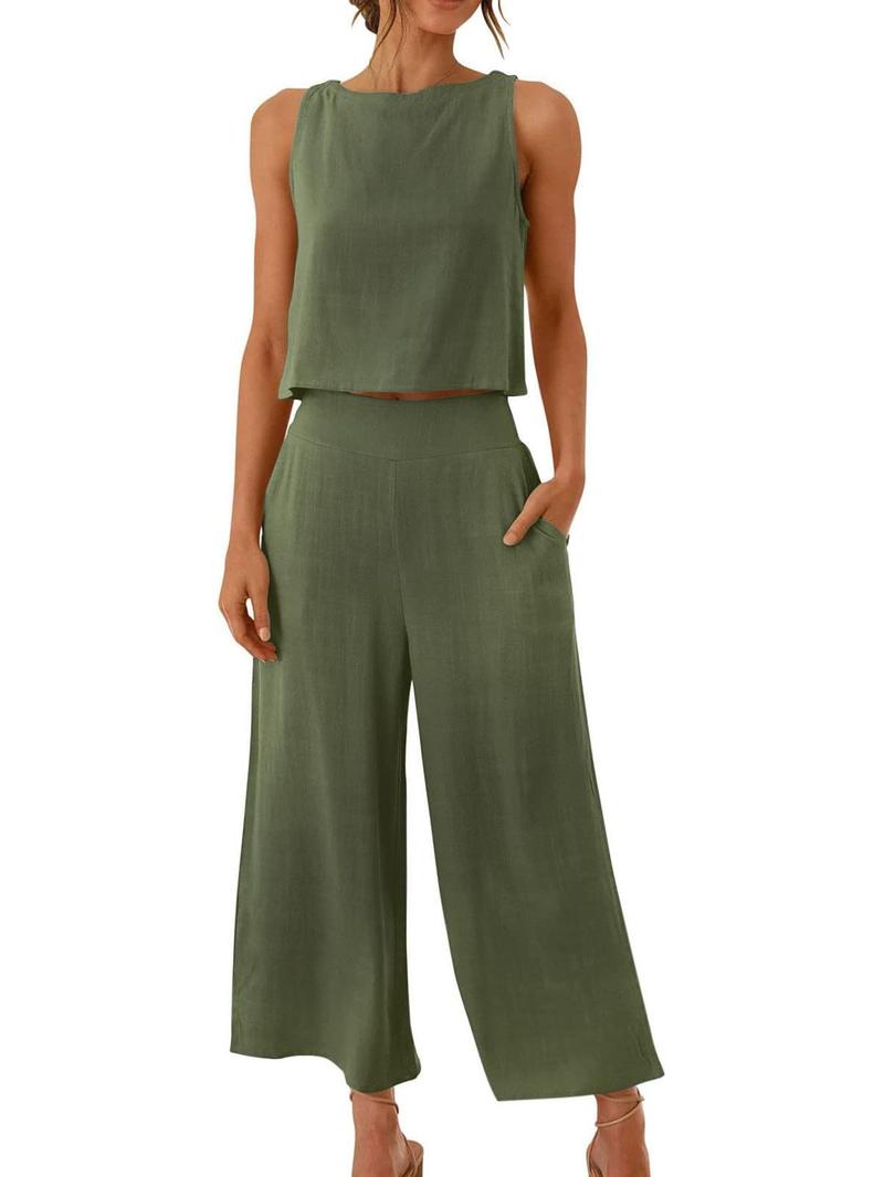Product Introduction of Two-Piece Set Women's Solid Sleeveless Buttons Tank Top & Elastic Waist Wide Leg Capri Pants Set, Summer Outfits 2024, Casual Round Neck Top & Pocket Trousers Set for Summer, Ladies Clothes for Daily Wear 7