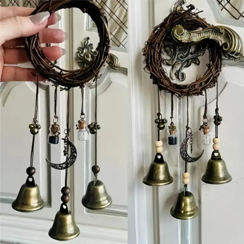 Witch Bell Hanging Decor, 1 Count Iron Vintage Rattan Bell Hanging Ornament, Hangable Home Decor Ornaments for Living Room Bedroom, Room Decor, Home Decor, Gifts for Girl, Windchimes, Wall Decor, Decoration Items, Easy Installation, Decorative 3