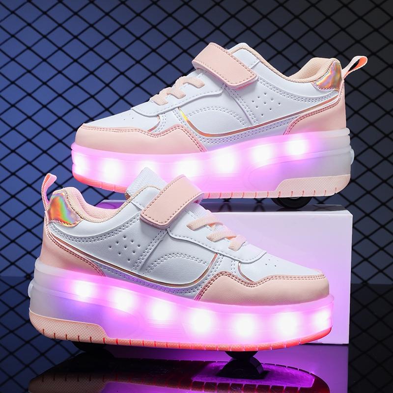 2024 New children's gift two-wheeled walking shoes Light dry comfortable convenient fast wear resistant Velcro double mesh breathable LED light wheel shoes skate shoes 7