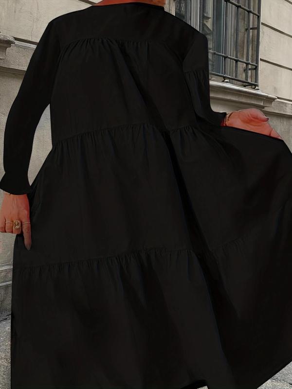 Plus Size Solid Ruffle Hem Flounce Sleeve Smock Dress, Casual Long Sleeve Round Neck Dress for Spring & Fall, Women's Clothes for Daily Wear 1